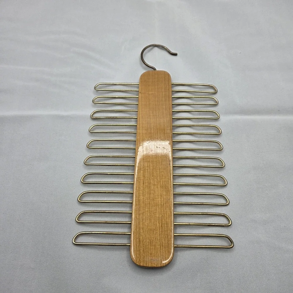 Vintage Wooden Tie Rack Hanger Brass Metal Arms Closet Organizer